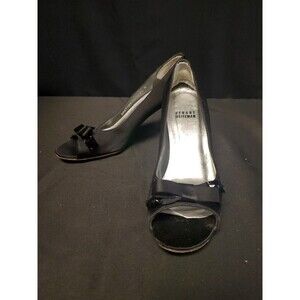 Stuart Weitzman Black Satin Bow  Rhinestones Stiletto Heels Pumps Peep Toe 6.